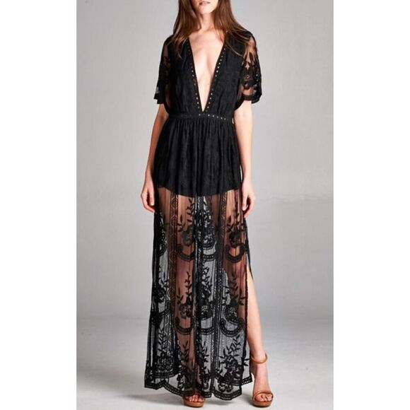 Honey Punch Lace Maxi Romper Lace dress Black Size Small (0068) - Picture 1 of 13